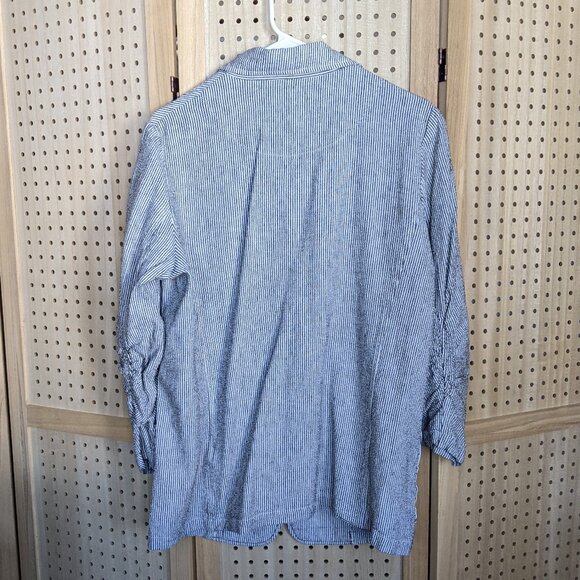 Max Studio striped linen blend blazer, rouching at sleeves, extra button - Picture 2 of 12